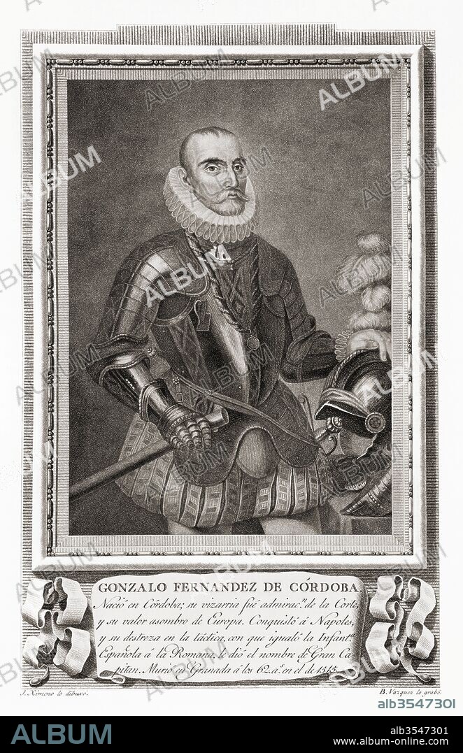 Gonzalo Fernández de Córdoba, aka Gonzalo de Córdoba, 1453 – 1515. Duke of Terranova and Santangelo, Andria, Montalto and Sessa. Spanish general who fought in the Conquest of Granada and the Italian Wars. After an etching in Retratos de Los Españoles Ilustres, published Madrid, 1791.