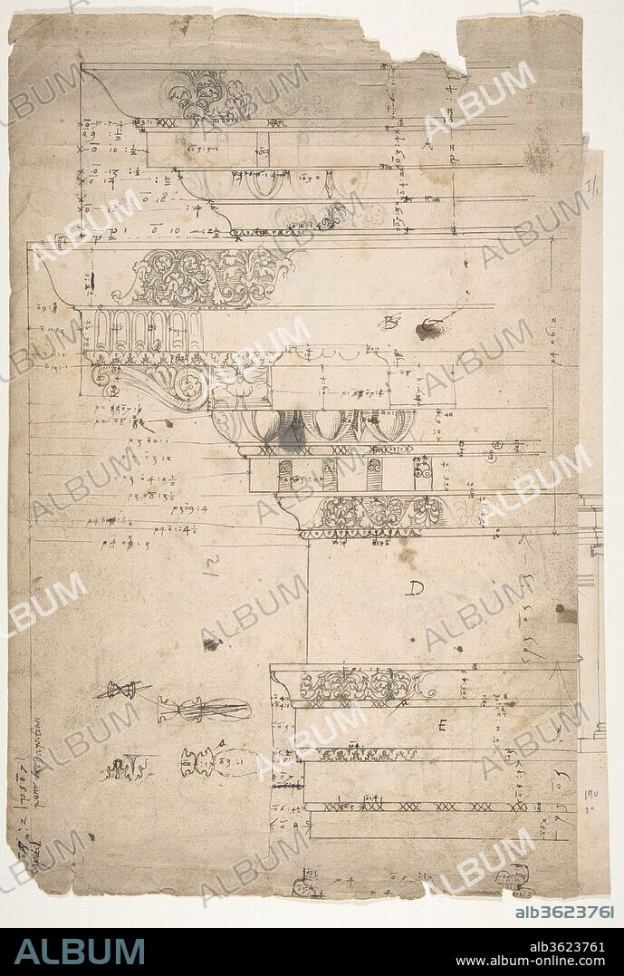Forum of Nerva, entablature, elevation; cornice, elevation (recto) Forum of Nerva, architrave panel, ceiling plan, Corinthian, capital (verso). Dimensions: sheet: 11 9/16 x 17 3/8 in. (29.3 x 44.2 cm). Draftsman: Drawn by Anonymous, French, 16th century. Series/Portfolio: Goldschmidt Scrapbook. Date: early to mid-16th century.