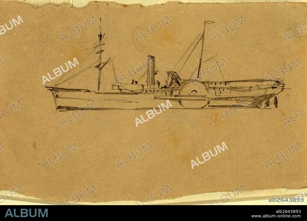 A steamship, Broadside view, 1860-1865, drawing, 1862-1865, by Alfred R Waud, 1828-1891, an american artist famous for his American Civil War sketches, America, US.