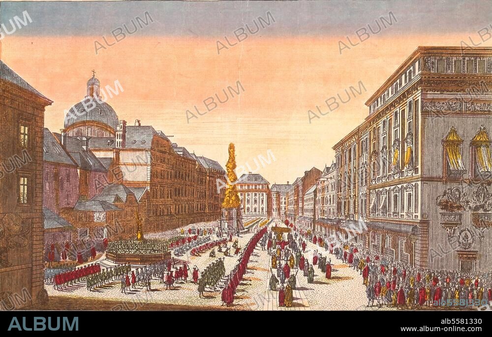 Vienna, Graben. " (...) la procession du St. Sacrement, le jour de la feste Dieu, a Vienne, en Autriche.". (Zograscope image with a view of the Graben with Kohlmarkt, St Leopold Fountain and Pestsäule (plague colulmn) ). Copper engraving, coloured Paris, c. 1740.