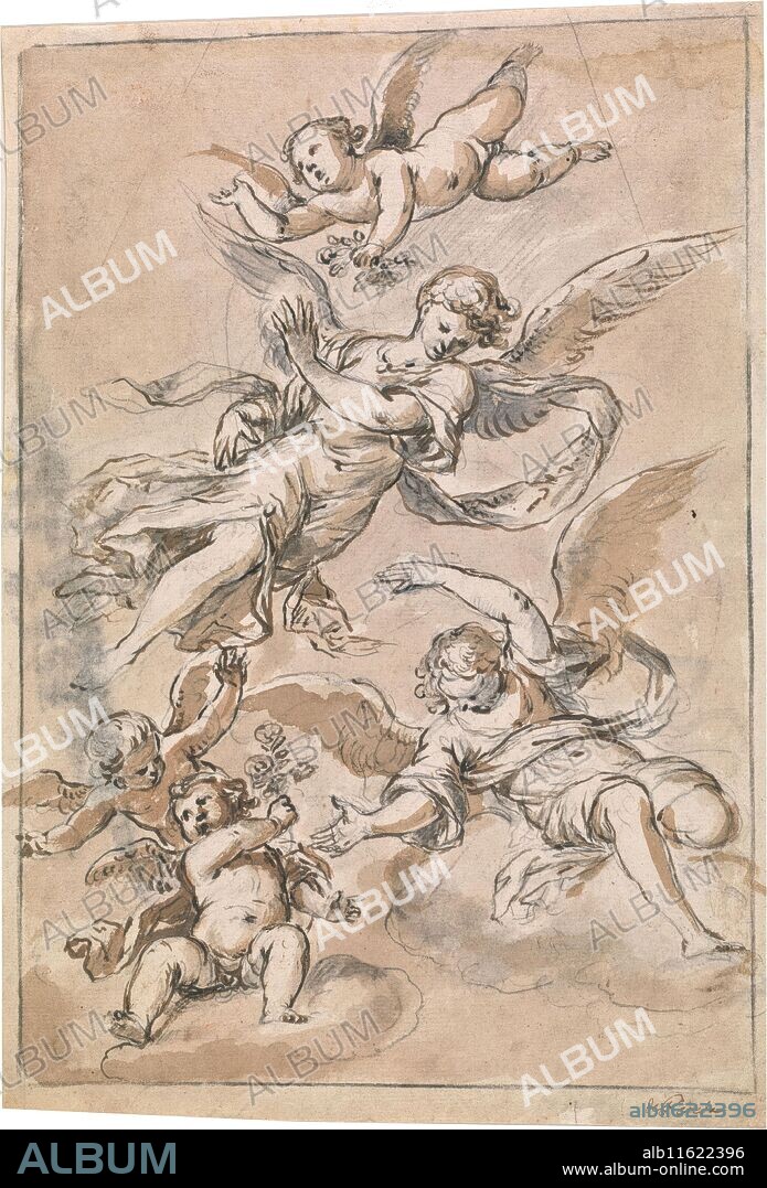 Antonio de Pereda y Salgado / 'Ángeles para una Inmaculada'. Siglo XVII. Aguada parda, Pluma, Preparado a lápiz sobre papel verjurado, 360 x 250 mm.