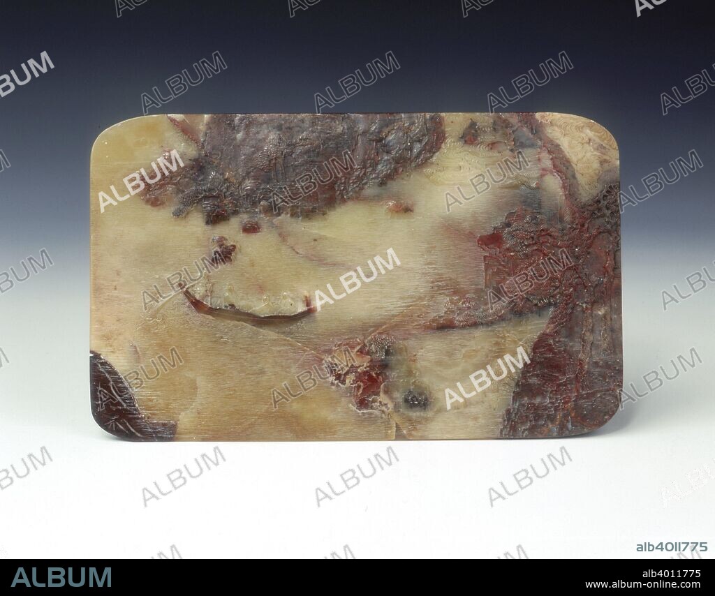 Carved soapstone plaque with scene of Su Shi at the Red Cliffs, China, mid-18th century. Qing dynasty rectangular soapstone plaque of yellowish-green colour with extensive red and grey suffusions. The plaque is carved on this side with a sampan with four occupants near pine-clad cliffs with a crane and clouds above; the four occupants can be identified as the well-known Song poet Su DongPo (1036-1101) otherwise known as Su Shi, who wrote 'The Ode to the red cliffs', a scene from which is depicted here, the poet Huang Tingjian, the monk Foyin and a servant boating under the Red Cliffs. The back is carved with a landscape scene of hills, trees, pavilions and a bridge.