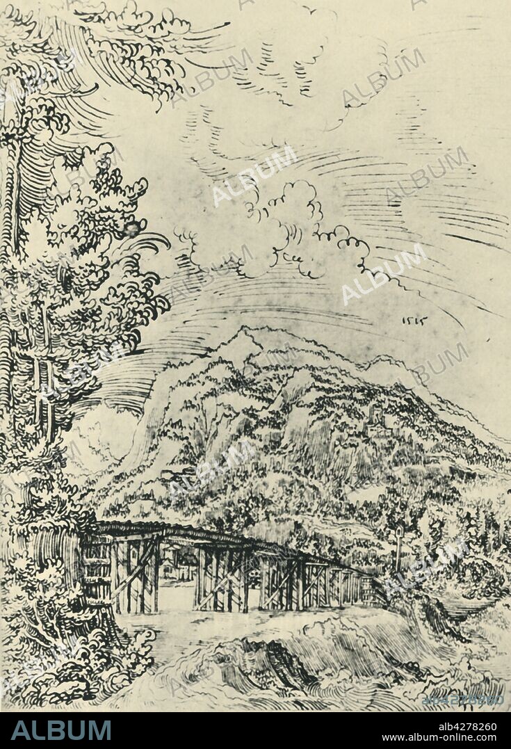 WOLF HUBER. Landscape, 1515, (1943). Wooden bridge over a river. Drawing in the Staatliche Graphische Sammlung, Munich, Germany. From "Europäische Handzeichnungen", (Five Hundred Years of European Drawings), by Bernhard Degenhart. [Atlantis-Verlag Berlin, Zürich, 1943].
