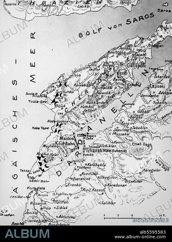 World War 1 / War in the Near East. Landing attempt by the Allies on the Dardanelles, Nov. 1914 to Dec. 1915. Landing of British troops on the Gallipoli peninsula, on 25th April 1915. Chart of the landing operation, marking of the landing place (Triangle: Brit troops, Crescent: Turk. troops).