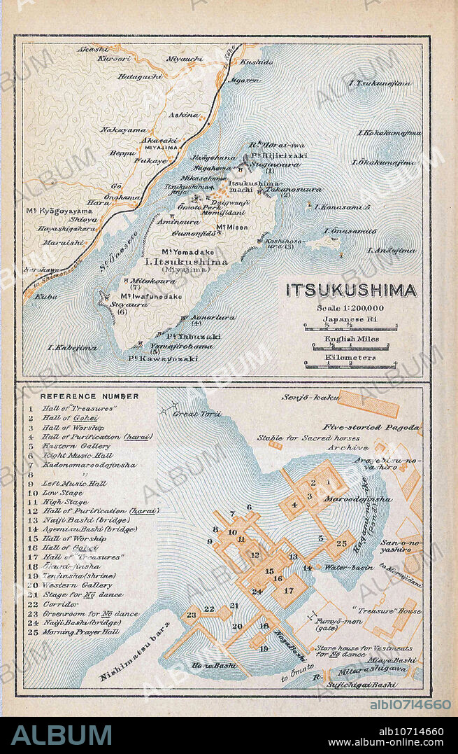 [ 1910s Japan - Map of Itsukushima, 1914 ] Map of Itsukushima in Hiroshima Prefecture from An Official Guide to Eastern Asia published by The Imperial Japanese Government Railways, 1914. 20th century vintage map.
