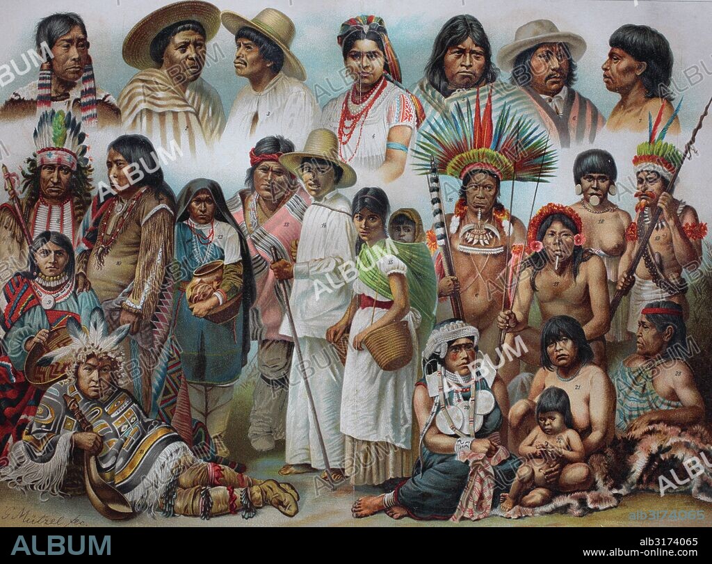 Ethnic groups of america: 1 labrador inuit woman, 2 mexican, 3 highland mexican, 4 yucatan mexican, 5 indians from ecuador, 6 indians from peru, 7 ipurina, 8 sioux, 9 +10. apaches, 11 bellacoola, 12 +13. pueblo indians, 14 +15. zapoteca, 16 bororo, 17 caraja, 18 botokudin, 19 omagua from brazil, 20 araucanian from chile, 21 +22. fuegians, 23 patagonian, historical illustration, wood engraving, circa 1888.