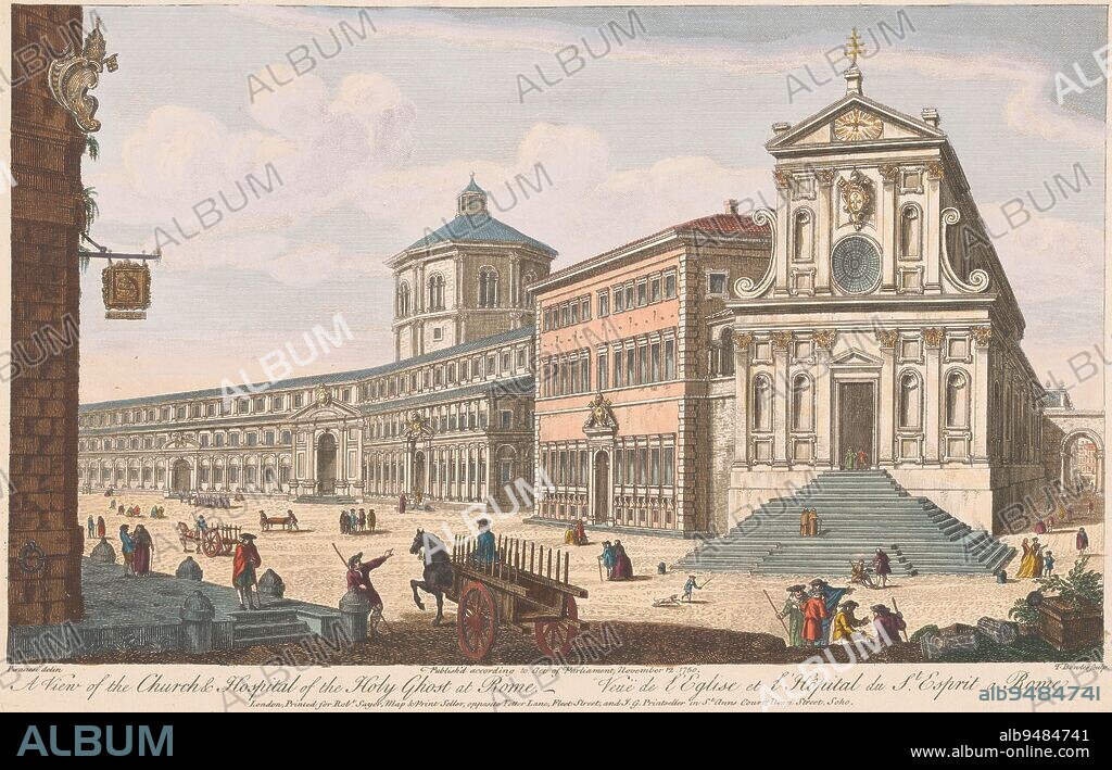 View of the church Santo Spirito in Sassia in Rome, Robert Sayer, after Giovanni Battista Piranesi, 1750, publisher: Robert Sayer, (mentioned on object), publisher: Monogrammist I.G., (mentioned on object), print maker: Thomas Bowles (II), (mentioned on object), London, 12-Nov-1750, paper, etching, brush, h 272 mm × w 425 mm.