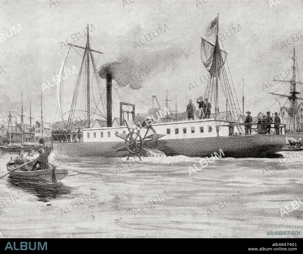 Robert Fulton's steam vessel The North River Steamboat or North River, aka The Clermont. She steamed 150 miles in 32 hours on her trial trip in 1807.  From The Book of Ships, published c.1920.