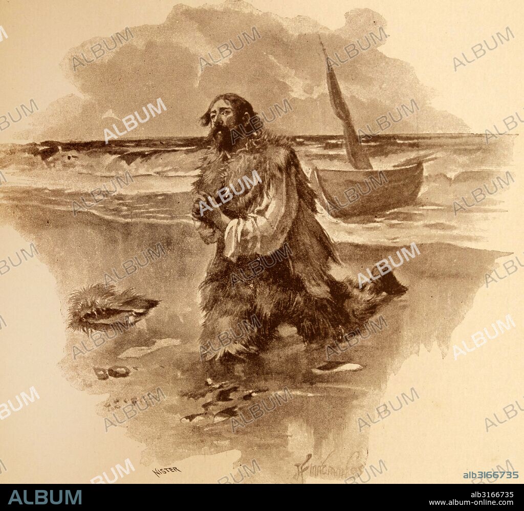 Illustration from a nineteenth century edition of 'Robinson Crusoe' a novel by Daniel Defoe. The book was first published on 25 April 1719. It relates the story of Robinson Crusoe, stranded on a desert Island for 28 years and his subsequent fight for survival.