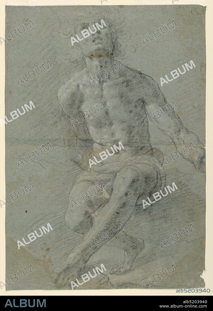 Study for a Male Nude, Gian Giacomo Barbelli, Charcoal, chalk, white heightening on paper, A figure shown from the front with a raised head. The lowered left arm is stretched out. The right one is turned toward the back, the first design having been corrected., Italy, ca. 1750, figures, Drawing, Drawing.