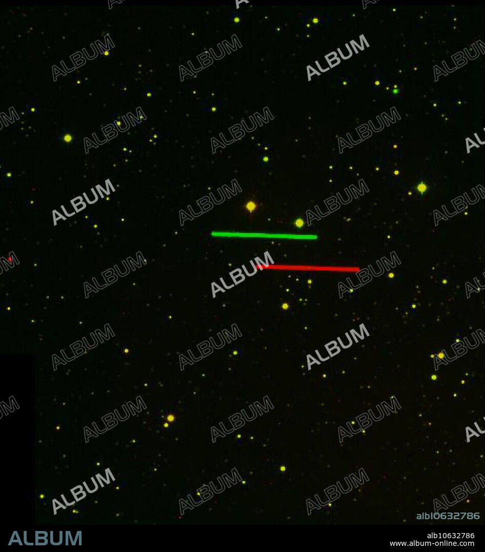 Composite, false-colour image showing asteroid (4179) Toutatis moving in front of background stars, as seen from Paranal (red trail) and La Silla (green trail). The two photos used for this combination were obtained nearly simultaneously in the morning of September 29, 2004, at 02:30 hrs UT, when the asteroid was passing through the constellation of Triangulum Australe (The Southern Triangle). The offset between the two trails corresponds to the difference of the lines-of-sight from the two telescopes towards the object. As the stars are common to both images, they appear yellowish.