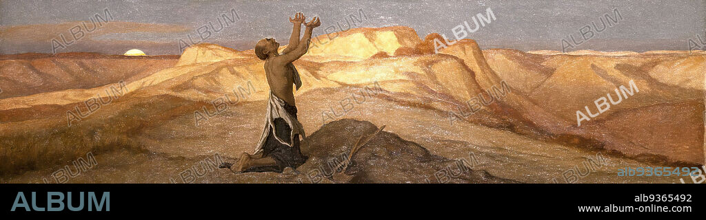 Prayer for Death in the Desert, Elihu Vedder, American, 1836-1923, Oil on canvas, ca. 1867, 13 7/8 x 49 5/8 in., 35.2 x 126 cm, 19th Century, alone, American Artist, brown, death, desert, Elihu Vedder, horizontal, landscape, Man, Oil, oil on canvas, Painting, prayer, sand, thirsty.