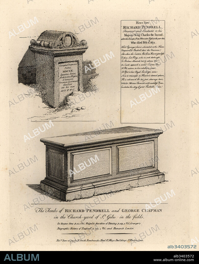 Tombs of Royalist Richard Penderel (d.1671) and poet George Chapman (1559-1634) in the churchyard of St. Giles in the Fields. Copperplate engraving by John Thomas Smith after original drawings by members of the Society of Antiquaries from his J.T. Smiths Antiquities of London and its Environs, J. Sewell, R. Folder, J. Simco, London, 1791.