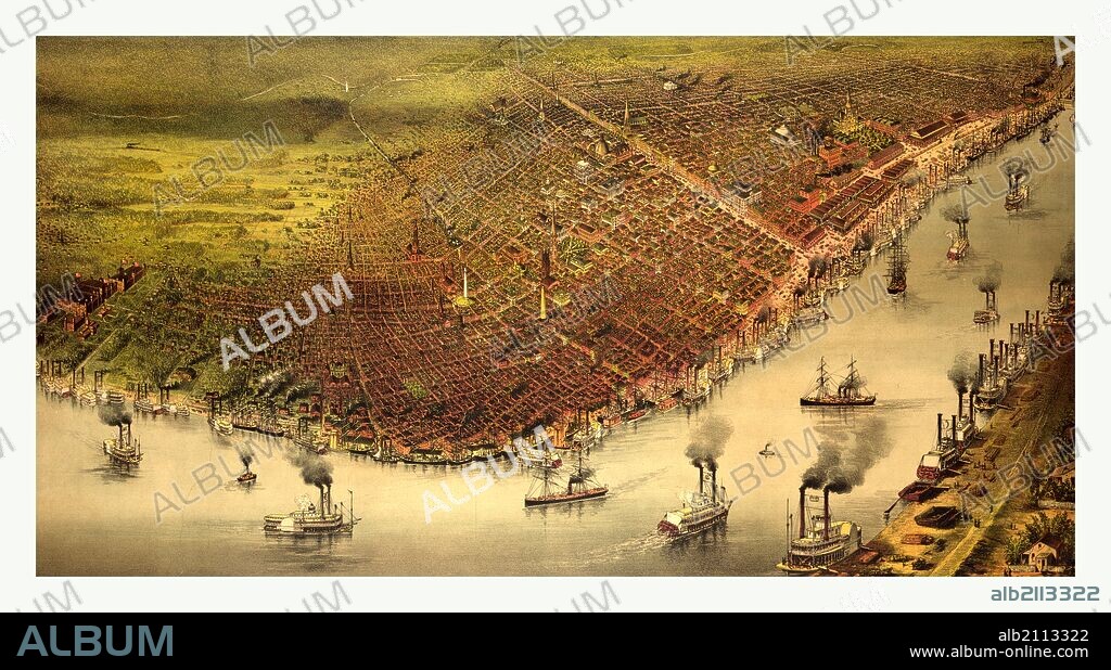 The city of New Orleans, and the Mississippi River Lake Pontchartrain in distance by Currier & Ives, circa 1885, US, USA, America.