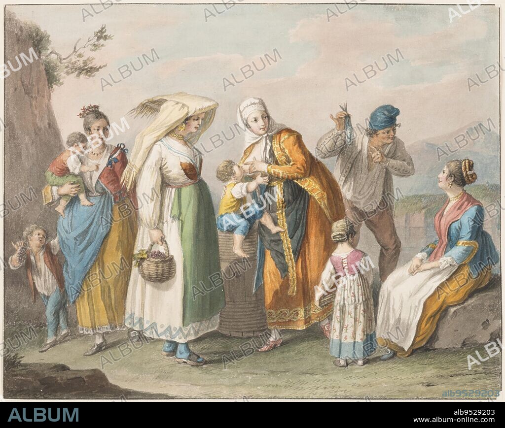 SAVERIO DELLA GATTA. Four women, a man, and children in the dress of their respective regions. At left, woman shown walking and carrying a boy upon her right arm; another boy walks beside her: "Donna di Sorrento". In the center stand two women, the right one suckling a boy. The left one is a "Donna dell'Isola d'Ischia". Beside the right woman stand a man and a girl: "Uomo, e Donna di Procita". The man tries to sell a fish to a seated woman: "Donna di Gaëta". Framing lines. Date: 1828. Black chalk, brush and watercolor on paper, mounted.