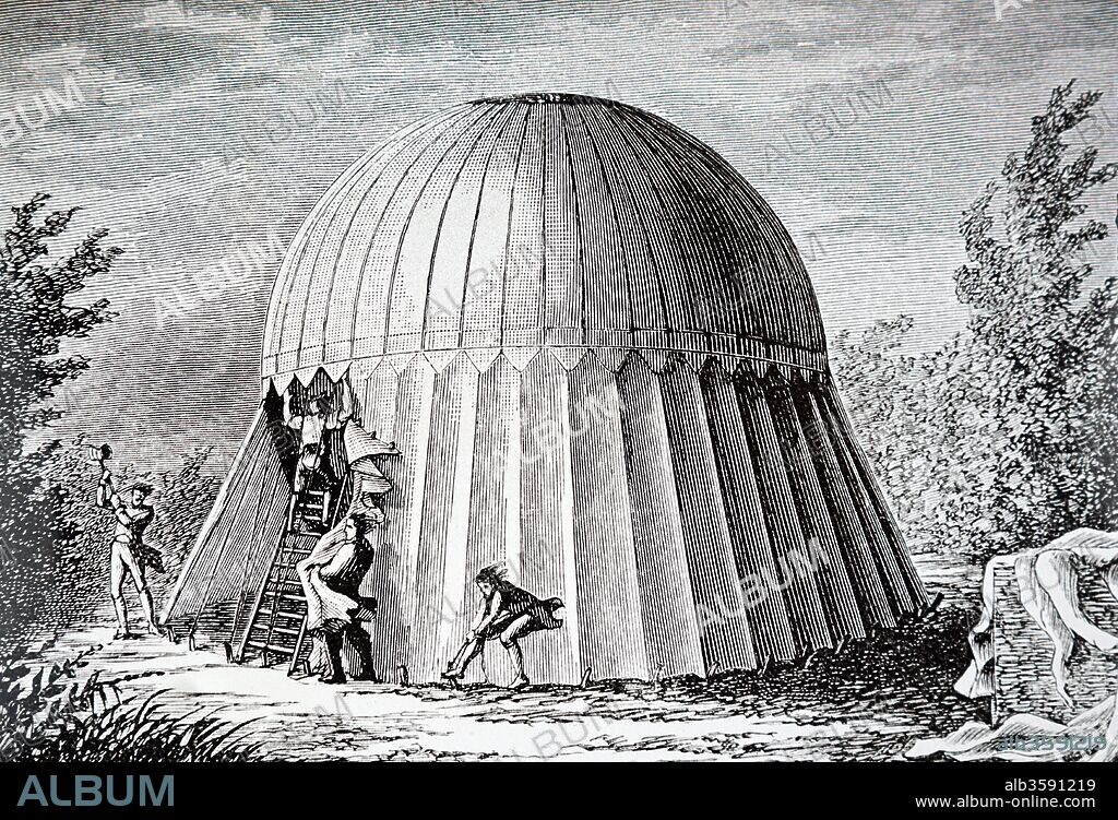 Engraving depicting Coutelles' balloon tent to stop a high wind taking hold of an anchored balloon. Dated 20th Century.