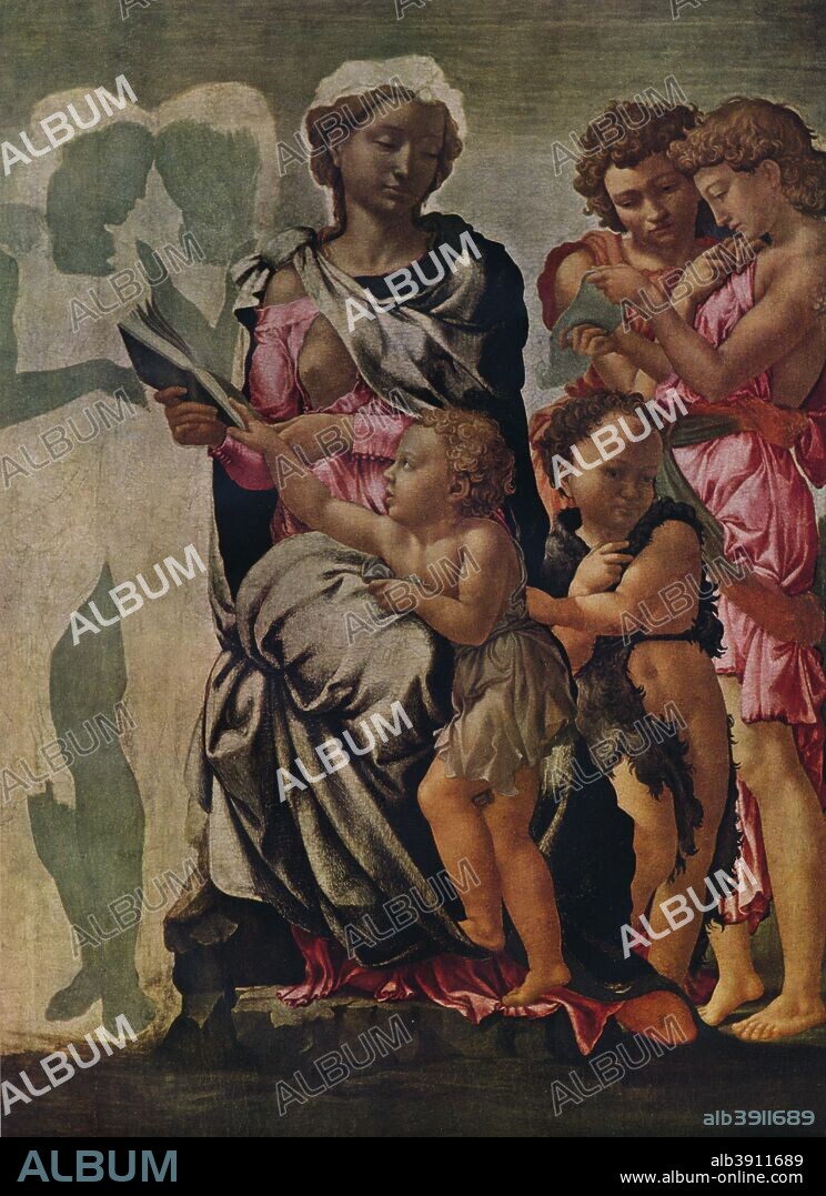 The Madonna and Child with St John and Angels, c1497. This painting is also known as the The Manchester Madonna. Painting held in The National Gallery, London. From World-Famous Paintings edited by J. Greig Pirie [W. & G. Foyle, Ltd, London, 1938.].