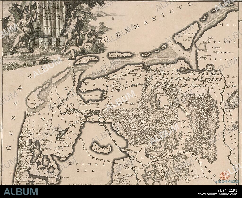 Historical map of the Netherlands with the territories of the Batavians and Frisians, Descriptio Frisiae liberae inter Kinnemum et Amisian (...) (title on object), Map of the Frisian territories in present-day Holland and Germany in Roman times. Top left cartouche with title, around cartouche a man with sword, the Dutch Virgin with a lance on which hangs the freedom hat and Hercules defeating a blindfolded man. Scale bar below cartouche: Quincunx gradus. Degrees along left and right edges., print maker: Gerrit de Broen (I), (mentioned on object), Menso Alting, (mentioned on object), Amsterdam, 1697 - 1700 and/or 1725, paper, engraving, etching, height 317 mm × width 419 mm.