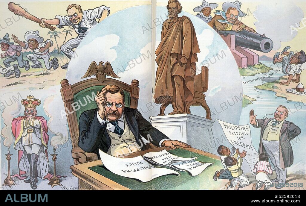 What would Lincoln do?' President Theodore Roosevelt sitting at a desk pondering the Philippine and Central American issues, papers on his desk state: "Philippine Policy, Panama Canal Treaty, [and] Mastery of the Hemisphere". He imagines a stature of Abraham Lincoln, around which are vignettes showing Roosevelt denying the "Philippine Petition for Freedom", using force against Colombia at the Panama Canal, menacing "South America" and "Central America" with a big club, and standing with arms folded across his chest, wearing imperial robes and a crown.