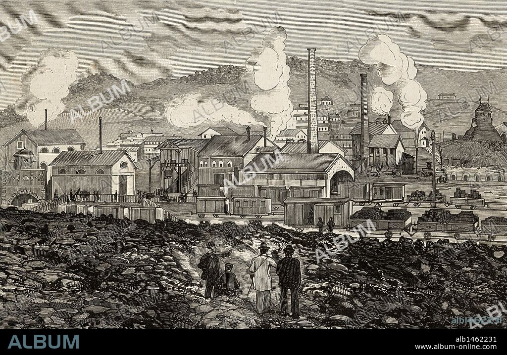 ECONOMIA SIGLO XIX. ESPAÑA. Vista del ESTABLECIMIENTO MINERO DE BARRUELO, en la provincia de Palencia. Grabado de "La Ilustración Española y Americana", año 1880.