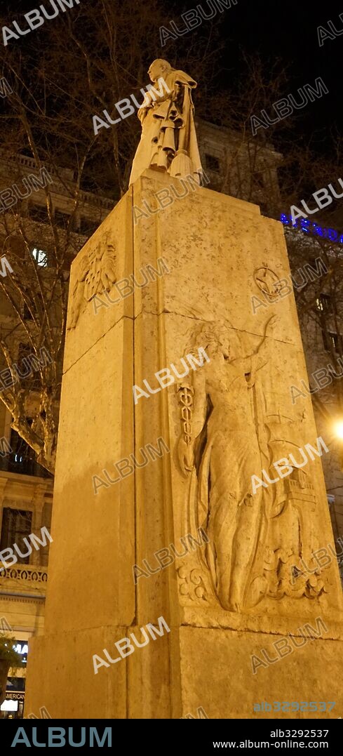 Monument to Joan Güell i Ferrer, at la Gran Via de les Corts Catalanes, Barcelona, Spain. Joan Güell i Ferrer (1800 - 1872) was an economist and industrialist; Catalan slave dealer.