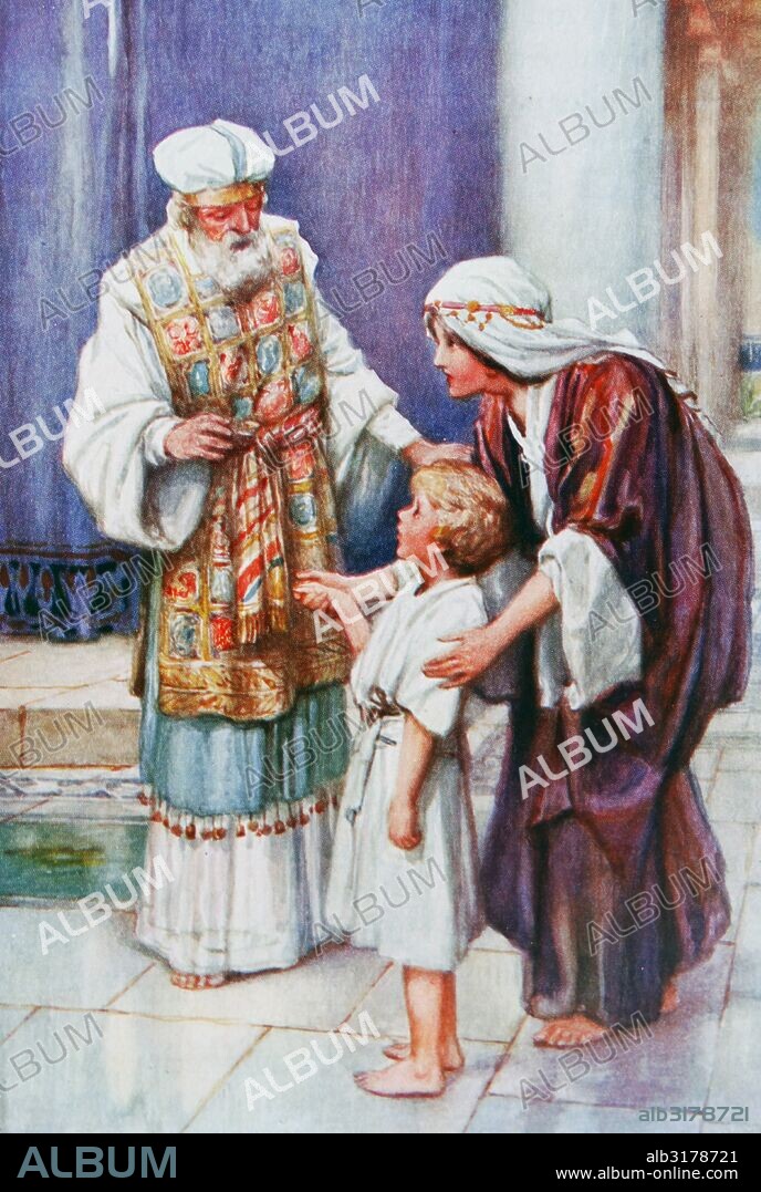 Hannah Presenting Her Son Samuel to Eli the High priest at the temple, Jerusalem. illustration by Arthur A. Dixon 1872-1959. From the Precious Gift: Bible Stories for Children by T W Wilson (1910).