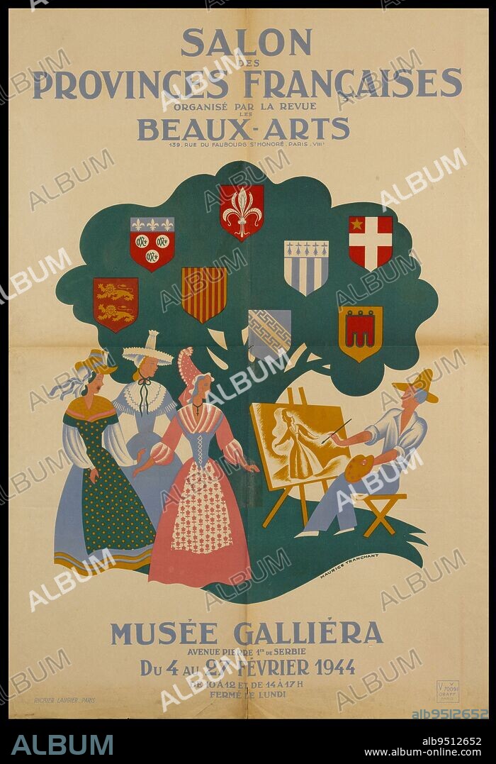 SALON DES PROVINCES FRANCAISES ORGANIZED BY THE REVUE LES BEAUX-ARTS, Tranchant de Lunel, Maurice, Dessinateur-lithographe, Imprimerie Richier-Laugier, Imprimeur, En 1944, Graphic arts, Print, Poster, Lithography, Height: 120 cm, Width: 79.8 cm.