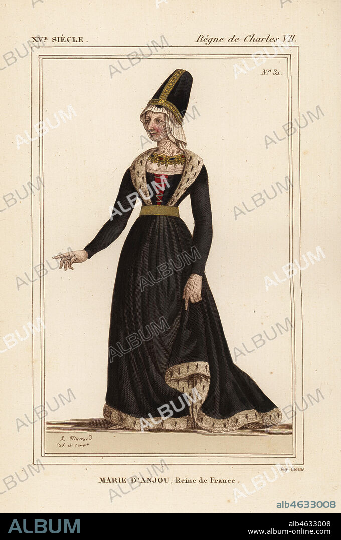 Mary of Anjou, queen of France, wife to King Charles VII, Marie d'Anjou 1404-1463. Handcoloured lithograph by Leopold Massard after an original portrait in Roger de Gaignieres' portfolio VI 15 from Le Bibliophile Jacob aka Paul Lacroix's Costumes Historiques de la France (Historical Costumes of France), Administration de Librairie, Paris, 1852.