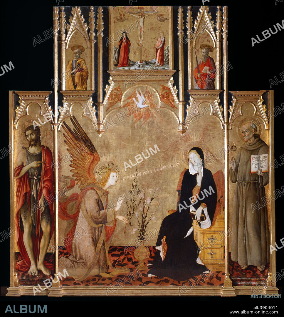MATTEO DI GIOVANNI. Annunciation with Saints John the Baptist, Bernardine of Siena; Crucifixion, Saints Peter and Paul. Date/Period: 1455 ca. - 1464. Tempera on Panel. Height: 252 mm (9.92 in); Width: 238 mm (9.37 in).