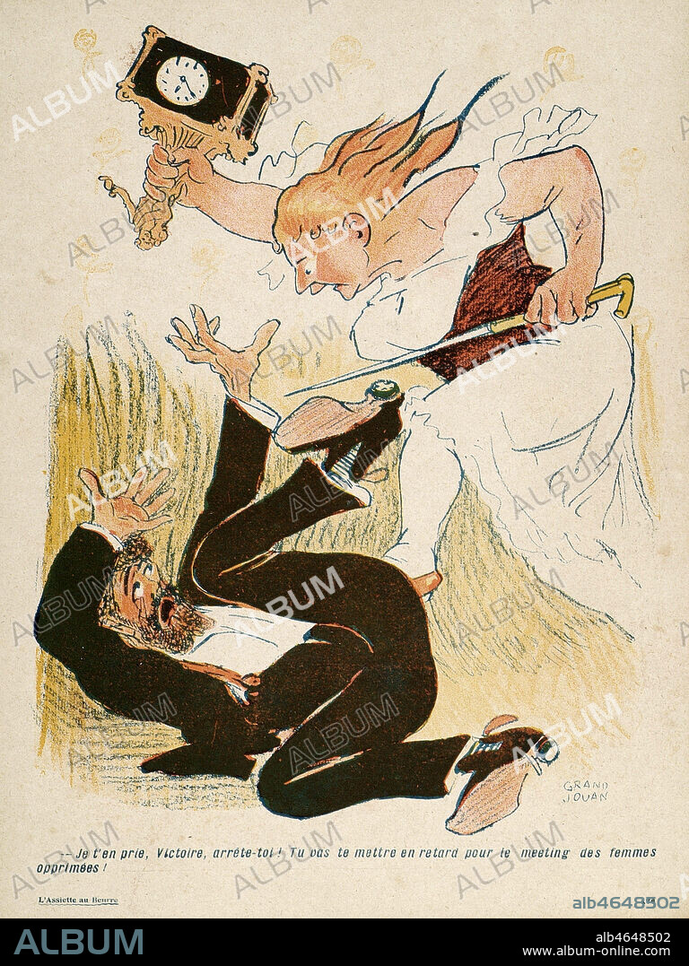 JULES GRANDJOUAN. 'Je t'en prie, Victoire, arrete toi ! Tu vas te mettre en retard pour le meeting des femmes opprimees !'. Caricature de GRANDJOUAN (1875-1968)(ADAGP) publiee dans l'Assiette au Beurre du 6 juin 1908. Credit : Collection KHARBINE-TAPABOR.