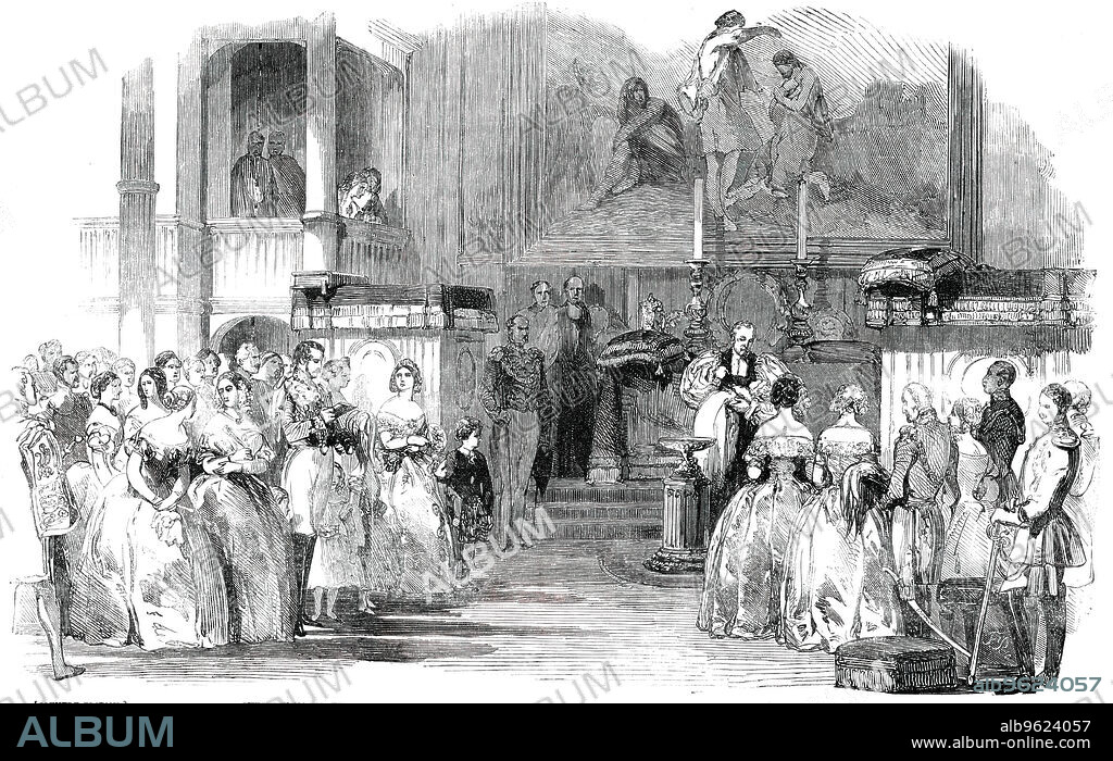 Christening of the Infant Prince Arthur, in the Royal Chapel, at Buckingham Palace, [London], 1850. 'As the Queen [Victoria] and Prince were entering the chapel, the March in Handel's "Occasional Oratorio" was performed...The Archbishop of Canterbury commenced the baptismal service, and on arriving at the part for naming the child, the Countess of Gainsborough handed the infant Prince to the Archbishop, when his Royal Highness was named Arthur William Patrick Albert...The Queen wore a dress of white watered and brocaded silk, with a broad flounce of Honiton lace, trimmed with white satin ribbon. Her Majesty also wore a diadem of emeralds and diamonds, and ornaments of emeralds and diamonds to correspond...The infant Prince had a robe and mantle of Honiton lace over white satin, with a cap to correspond'. From "Illustrated London News", 1850.