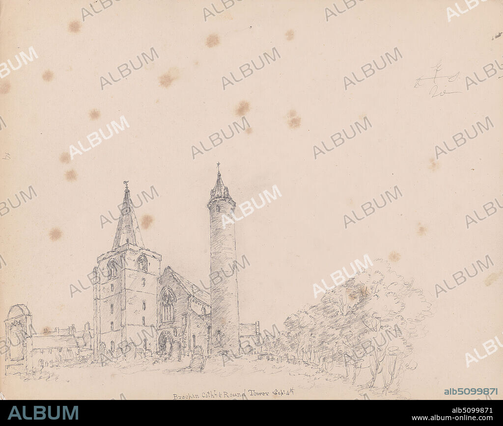 Brechin Cathedral and Round Tower, Scotland, James Moore, 17621799, British, 1792, Graphite on medium, slightly textured, beige, wove paper, Sheet: 7 1/8 × 8 15/16 inches (18.1 × 22.7 cm).