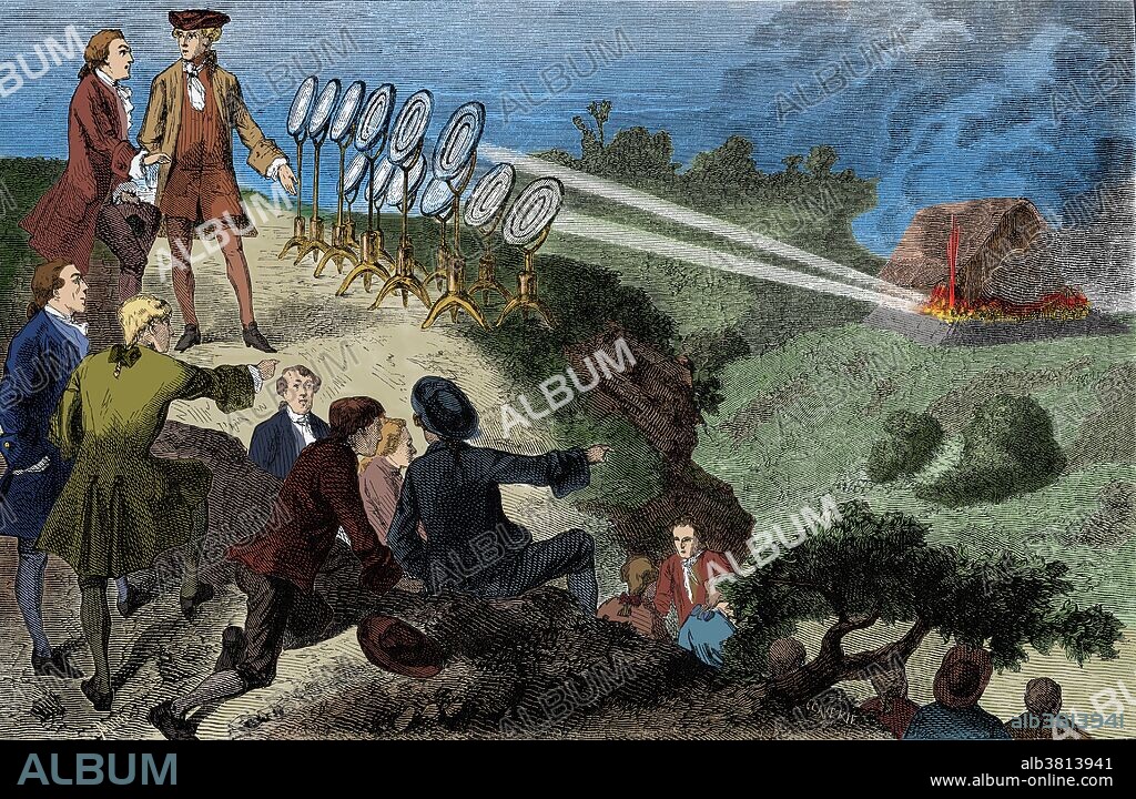 Comte de Buffon burning mirrors experiment in Paris, France, 1740. Buffon (in hat, top of frame) had read of the defense of Syracuse, by the Greek mathematician Archimedes who had, supposedly, used mirrors and the Sun's rays to set fire to the attacking Roman fleet. Buffon used 168 mirrors, each measuring 6x9 inches, to successfully ignite wooden logs at a distance of165 feet. Georges Louis Leclerc, Comte de Buffon (September 7, 1707 - April 16, 1788) was a French naturalist, mathematician, cosmologist, and encyclopedic author. He epitomizes the revolutionary changes that the Enlightenment brought to the study of nature. 100 years before Darwin, Buffon published his Historie Naturelle (Natural History), a 44 volume encyclopedia describing everything known about the natural world, he wrestled with the similarities of humans and apes and even talked about common ancestry of Man and apes, but ultimately rejected the possibility of a common descent. His works influenced the next two generations of naturalists, including Jean-Baptiste Lamarck and Georges Cuvier. He brought the idea of evolution into the realm of science. He developed a concept of the "unity of type", a precursor of comparative anatomy. More than anyone else, he was responsible for the acceptance of a long-time scale for the history of the earth. He died in 1788 at the age of 80. Engraving from "Vies des savants illustres" by Louis Figuier. This image has been color enhanced.