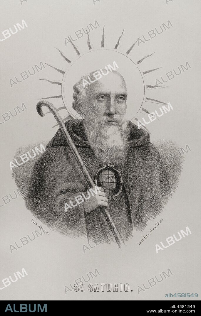 Saint Saturius of Soria (ca. 493-568). Spanish anchorite. Patron saint of the city of Soria (Spain). Illustration by Llanta. Portrait. Lithography. Cr—nica General de Espa–a, Historia Ilustrada y Descriptiva de sus Provincias. Castilla-La Vieja, 1870.