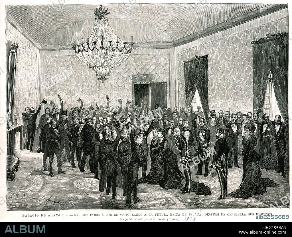 MARIA DE LAS MERCEDES ORLEANS Y BORBON. REINA DE ESPAÑA. 1860 - 1878. ESPOSA DE ALFONSO XII. PALACIO DE ARANJUEZ. LOS DIPUTADOS A CORTES VITOREANDO A LA FUTURA REINA DE ESPAÑA , AÑO 1878. DIBUJO DE J. COMBA. GRABADO DE LA ILUSTRACION ESPAÑOLA Y AMERICANA.