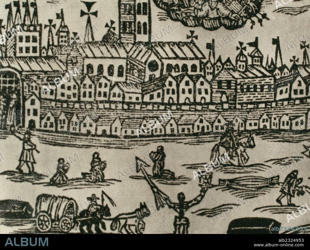 HISTORIA DE LA MEDICINA. LA GRAN PLAGA DE LONDRES. 1665-1666. La gente huye de la ciudad. Grabado de la epoca. Siglo XVII. Gran Gretaña.