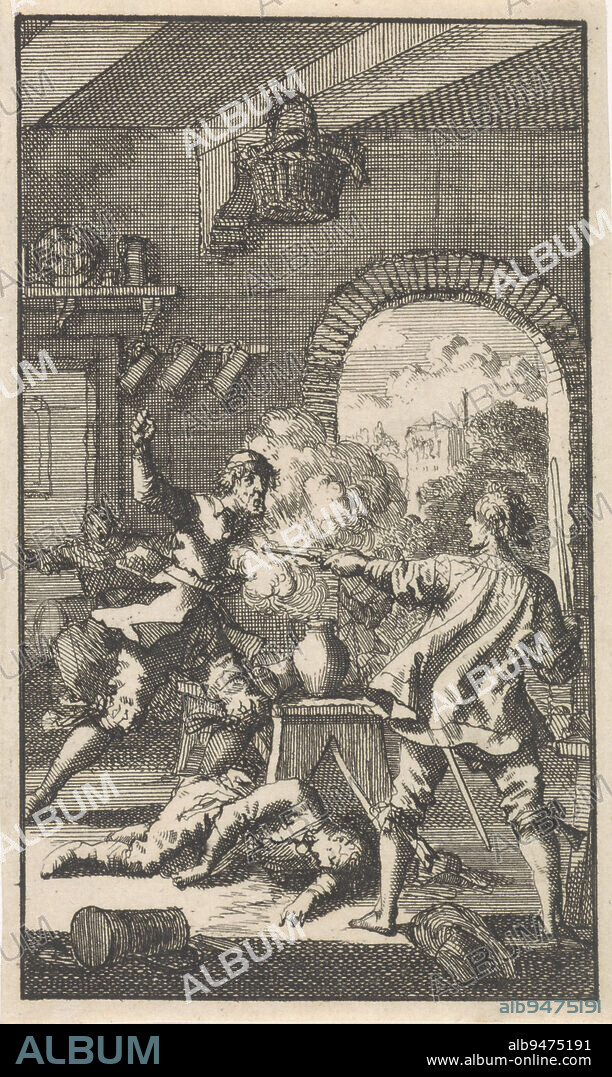 In an inn, the drunken Cardinal Innocenzo Ciocchi Del Monte, the adoptive nephew of Pope Julius III, shoots a man with a pistol. On the ground lies another victim, Murder by Cardinal Del Monte, 1560, print maker: Jan Luyken, Amsterdam, 1699, paper, etching, h 133 mm × w 80 mm.