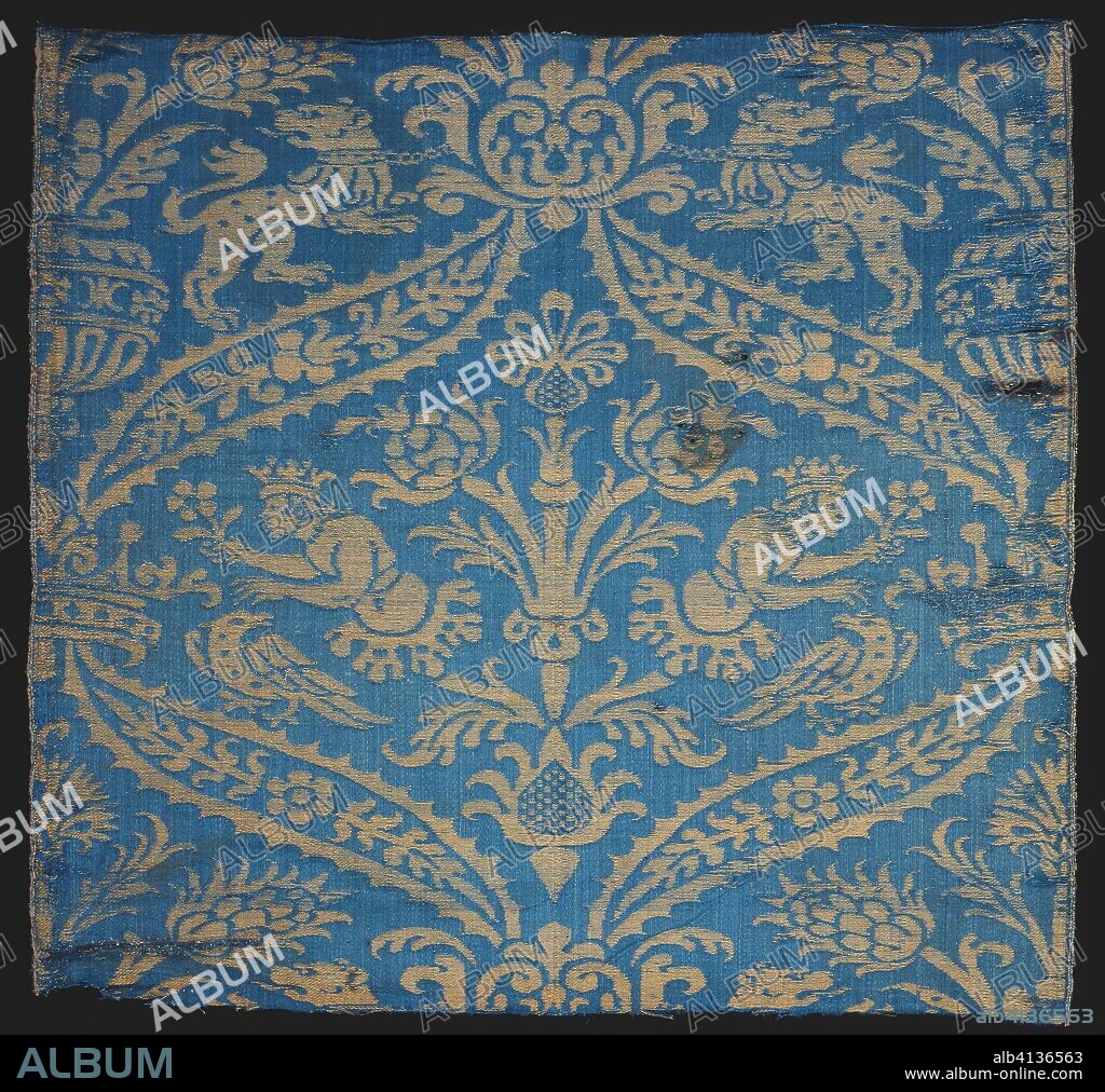 Panel. Italy. Date: 1575-1600. Dimensions: 52.2 x 55.5 cm (20 1/2 x 21 7/8 in.)
Warp repeat: 45.8 cm (18 in.). Silk, satin damask weave with warp-float faced 2:1 'Z' twill interlacings of secondary binding warps and supplementary patterning wefts. Origin: Italy.