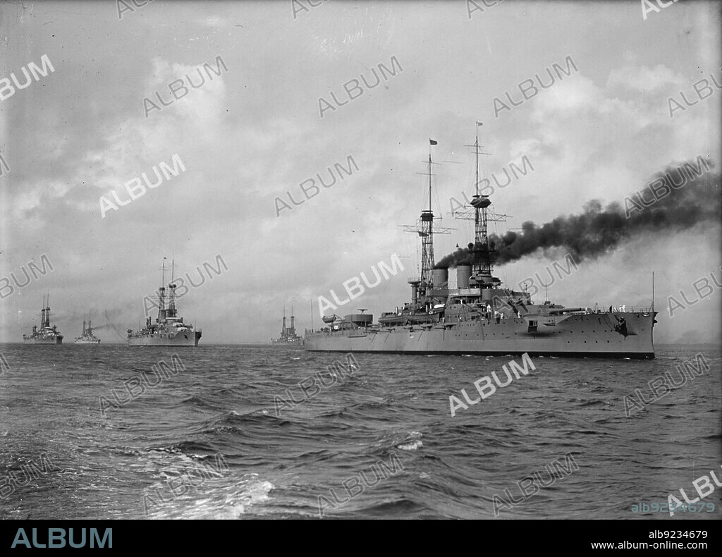 U.S.S. Wyoming Leading Battleships in Hampton Roads, Virginia, 1917. Shows the dreadnought USS Wyoming leading what is likely Battleship Division Nine on its way to England, where the ship ships became part of the British Grand Fleet during World War I.