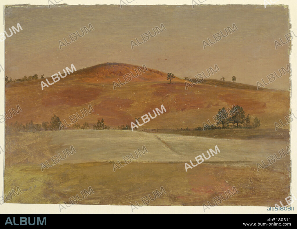 Landscape with Low Hill and Fields, Frederic Edwin Church, American, 18261900, Brush and oil paint on paperboard, A low hill, rendered in russet tones is seen in the distance across cultivated fields which are bordered by a fence. A few trees are placed at left and right and across the ridge of the hill at left., USA, 187080, landscapes, Drawing, Drawing.