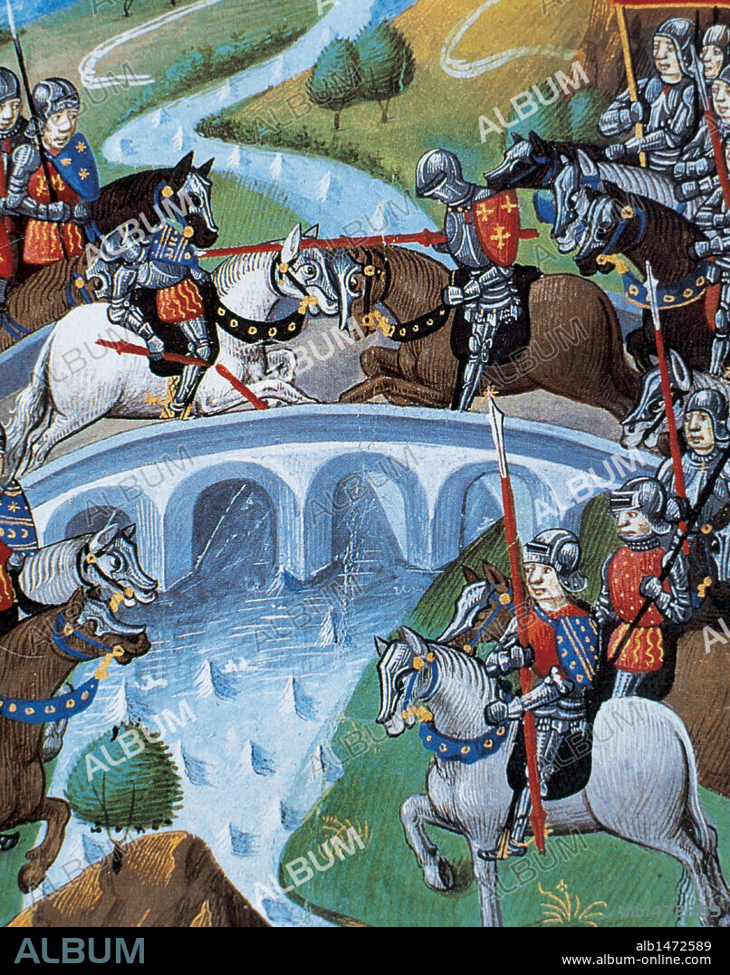 History of Gaul.  Titus Manlius Torquatus (Consul 347 B.C.) decide the fate of Rome in a fight against a Gallic warrior. Miniature of the 15th century. Chateau de Chantilly. France.
