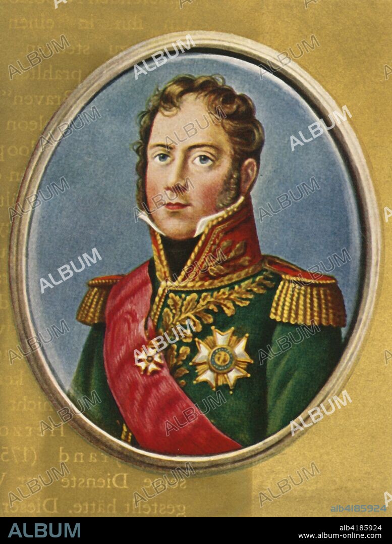 'Michel Ney', (1933). Portrait of French soldier Marshal Michel Ney (1769-1815). One of Napoleon's most prominent generals, Ney led the rearguard of the Grande Armee's retreat from Moscow in 1812 and commanded the French centre at Waterloo. After a miniature by Jean-Baptiste Isabey. From "Gestalten Der Weltgeschichte", a book of cigarette-card portrait miniatures of figures in world history from the last four hundred years. [Germany, 1933].
