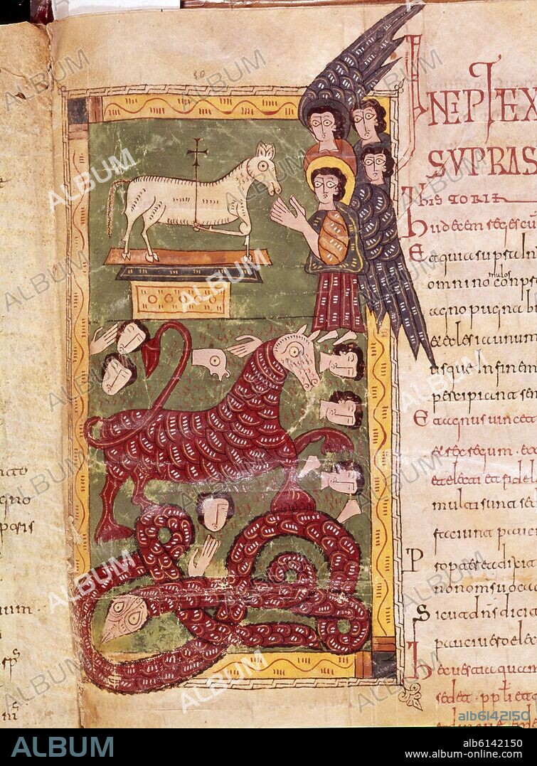 BEATUS OF LIÉBANA. COMENTARIOS AL APOCALIPSIS, EL CORDERO VENCE A LA BESTIA, AL DRAGON Y AL FALSO PROFETA- BEATO DEL ESCORIAL - SIGLO X.