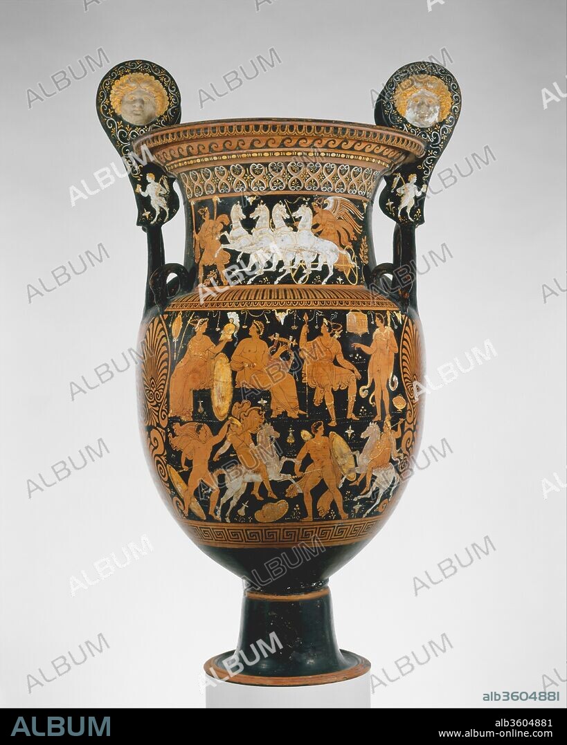 Terracotta volute-krater (vase for mixing wine and water). Culture: Greek, South Italian, Apulian. Dimensions: H. without handles: 36 1/16 in. (91.59 cm). Date: ca. 320-310 B.C..
On the body, obverse, assembly of gods above Amazonomachy
Reverse, youth in naiskos (shrine) between youths and women
On the neck, obverse, woman with torches leading Nike in chariot
On the handles, heads of Io and young Pans
The Capodimonte Painter was a follower of the Baltimore Painter, one of the most prolific late Apulian artists. Although they produced vases of diverse shapes and
sizes, these artists are associated most often with large works virtually the whole surface of which is decorated. The vase becomes a kind of compendium of iconography and patternwork. It is important to recall that antiquarians of the eighteenth century first encountered Greek vasepainting in examples such as this one, discovered in 1785 and acquired by the king of Naples for his palace at
Capodimonte. Although imperfectly understood, the vases were recognized as ancient and impressive; they quickly became objects of study and acquisition.