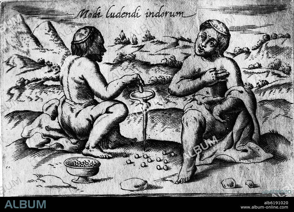 ALONSO DE OVALLE. MODI LUDENDI INDORUM - JUEGOS PRACTICADOS POR LOS NATIVOS DE CHILE - HISTORICA RELACION DEL REINO DE CHILE - GRABADO SIGLO XVII.