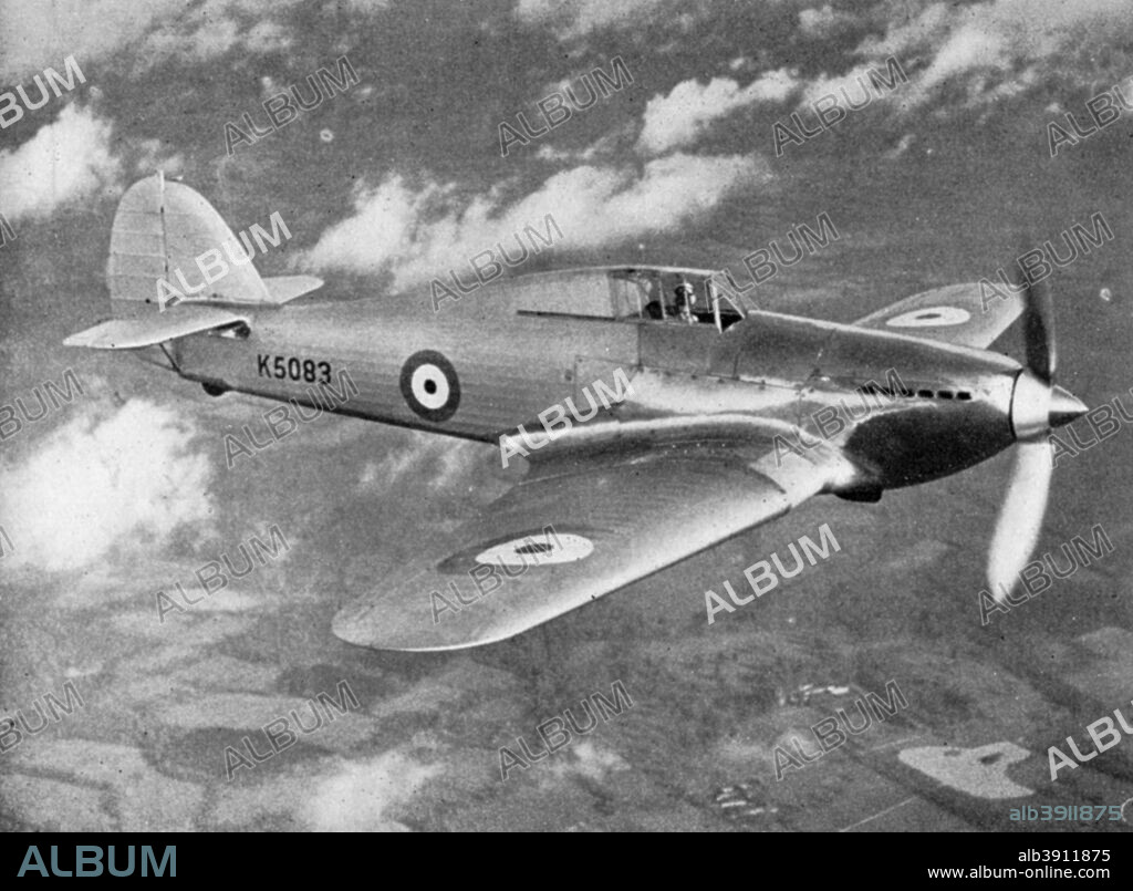 Prototype Hawker Hurricane being test flown by Flight Lieutenant PWS Bulman, c1935 (1941). PWS 'George' Bulman was Chief Test Pilot for Hawker Aircraft from 1925. He made the first flight in many of the company's aircraft, including the Hurricane, which he first piloted in 1935. The aircraft became one of the mainstays of the RAF, seeing distinguished service during the Battle of Britain. A print from British Fighters, by Lawrence Fairhall, London Robert Ross & Co Ltd, 1941.