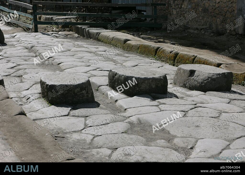 PASO DE PEATONES O PASO DE CEBRA DE UNA CALLE DE POMPEYA - ADOQUINES QUE UNEN UNA ACERA CON LA OTRA.