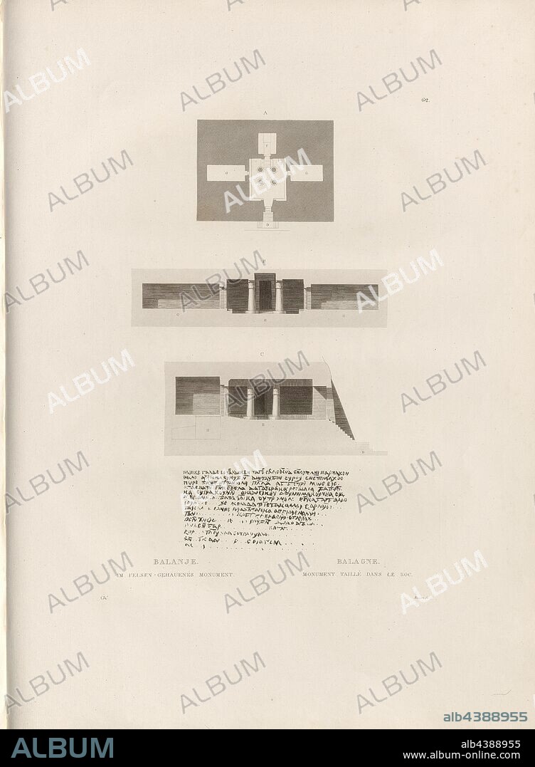 Balanje. Monument hewn in the rock, Ballana (Nubia), Signed: GAV; Besnart sc, Pl. 62, p. 114, Gau, Franz Christian (del.); Besnart (sc.), Franz Christian Gau; Barthold Georg Niebuhr: Antiquités de la Nubie: ou monumens inédits des bords du Nil, situés entre la première et la seconde cataracte: ouvrage faisant suite au grand ouvrage de la Commission D'Egypte; dédié au Roi. Stuttgart: aux frais de la Librairie de J. G. Cotta; Paris: Imprimerie et Librairie de Firmin Didot, MDCCCXXII. [1822].