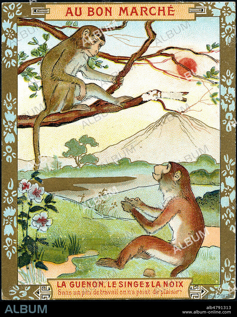 La Guenon, le Singe et la Noix. Illustration anonyme pour la Fable de FLORIAN (1755-1794). Credit : Collection Kharbine-Tapabor.