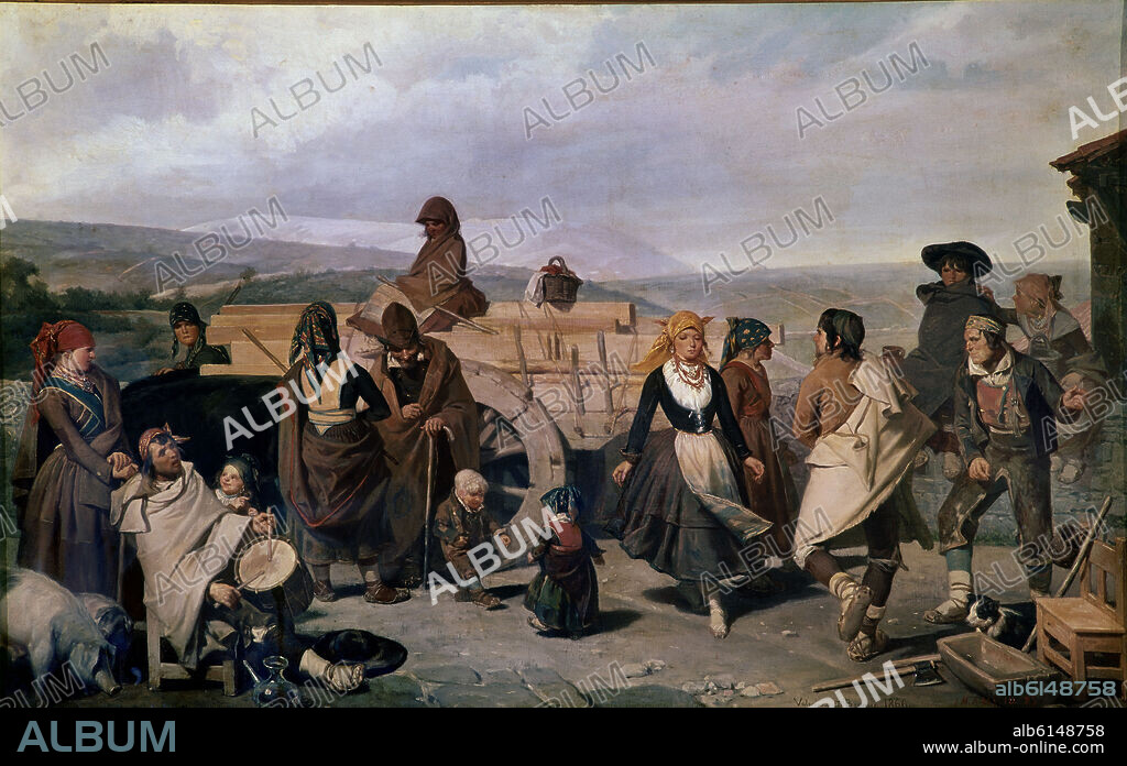 VALERIANO DOMÍNGUEZ BÉCQUER. EL BAILE (LA CARRETA) - 1866 - OLEO/LIENZO - 65x101 cm - NP 4234 - COSTUMBRISMO ESPAÑOL.